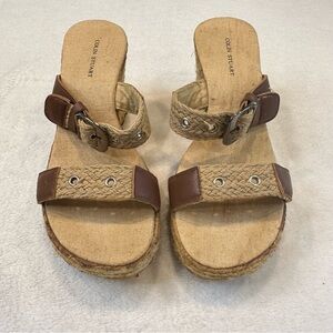EU Maurice’s Colin Stuart Lenny Up Front Tan Buckle Platform Sandal, Y2K Slip-on